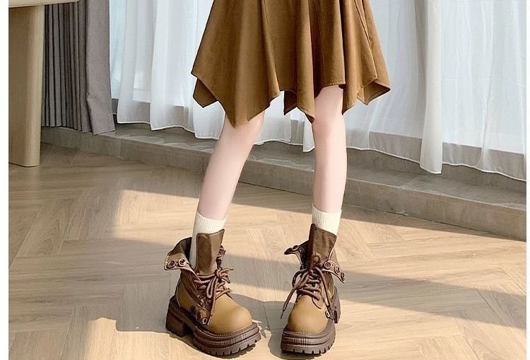 Faux Suede A-Line Skirt with Plaid Panels
