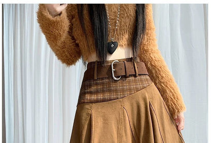Faux Suede A-Line Skirt with Plaid Panels