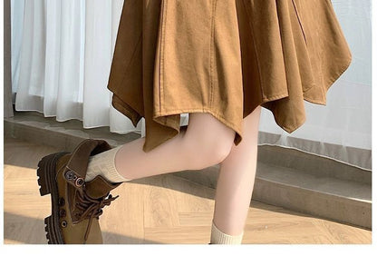 Faux Suede A-Line Skirt with Plaid Panels