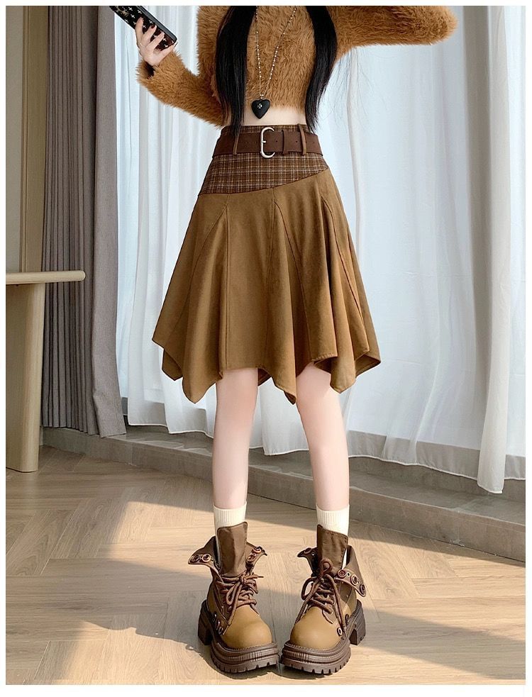 Faux Suede A-Line Skirt with Plaid Panels