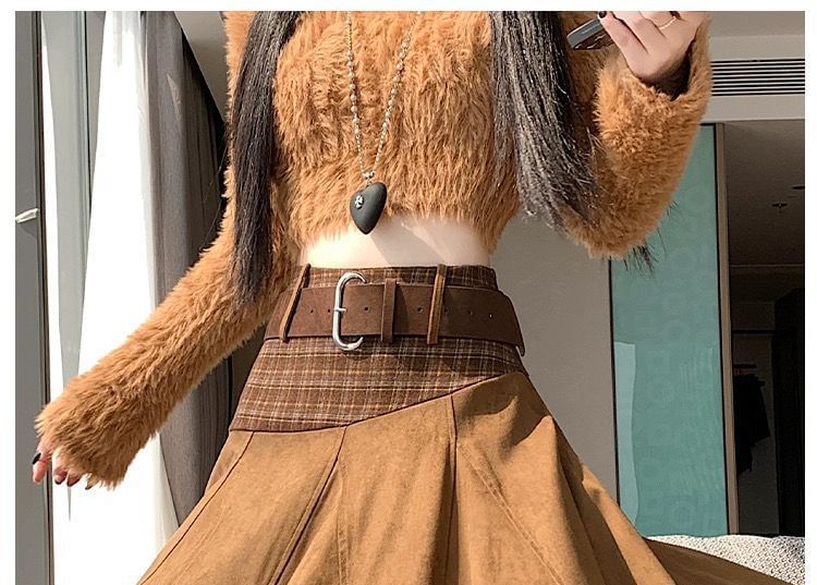 Faux Suede A-Line Skirt with Plaid Panels