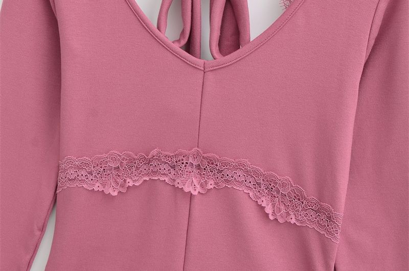 Open Back Halter Crop Top with Lace Panel