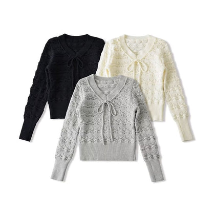 Perforated Crop Knit Top with V-Neck