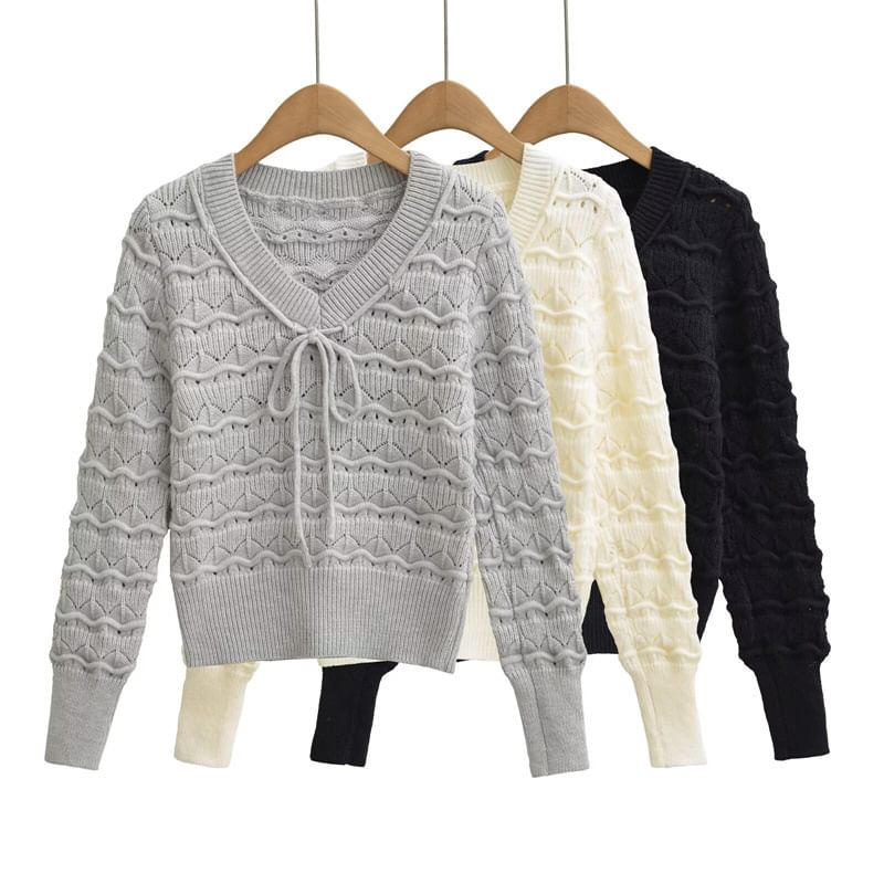 Perforated Crop Knit Top with V-Neck
