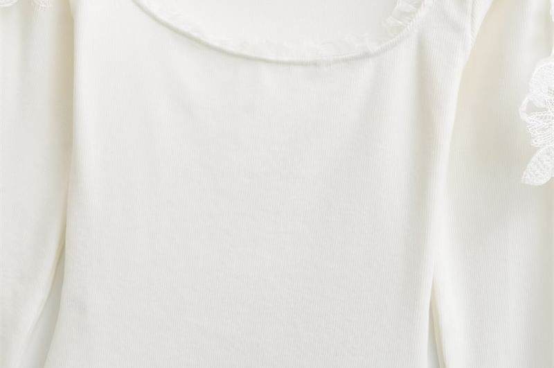 Frill Trim Lace Panel Crop T-Shirt with Scoop Neck