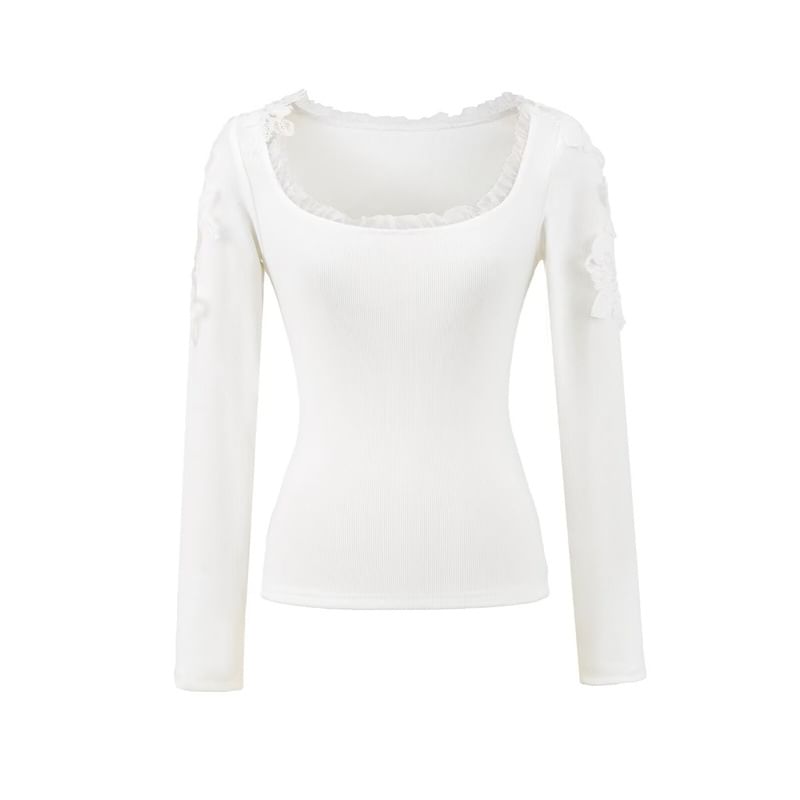 Frill Trim Lace Panel Crop T-Shirt with Scoop Neck