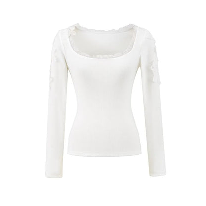 Frill Trim Lace Panel Crop T-Shirt with Scoop Neck