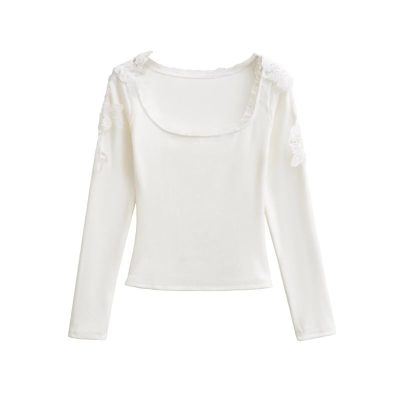 Frill Trim Lace Panel Crop T-Shirt with Scoop Neck