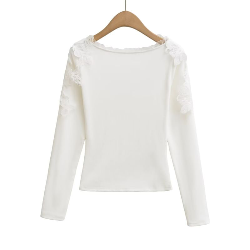 Frill Trim Lace Panel Crop T-Shirt with Scoop Neck