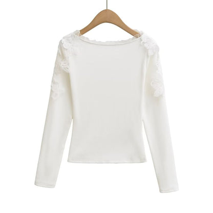 Frill Trim Lace Panel Crop T-Shirt with Scoop Neck