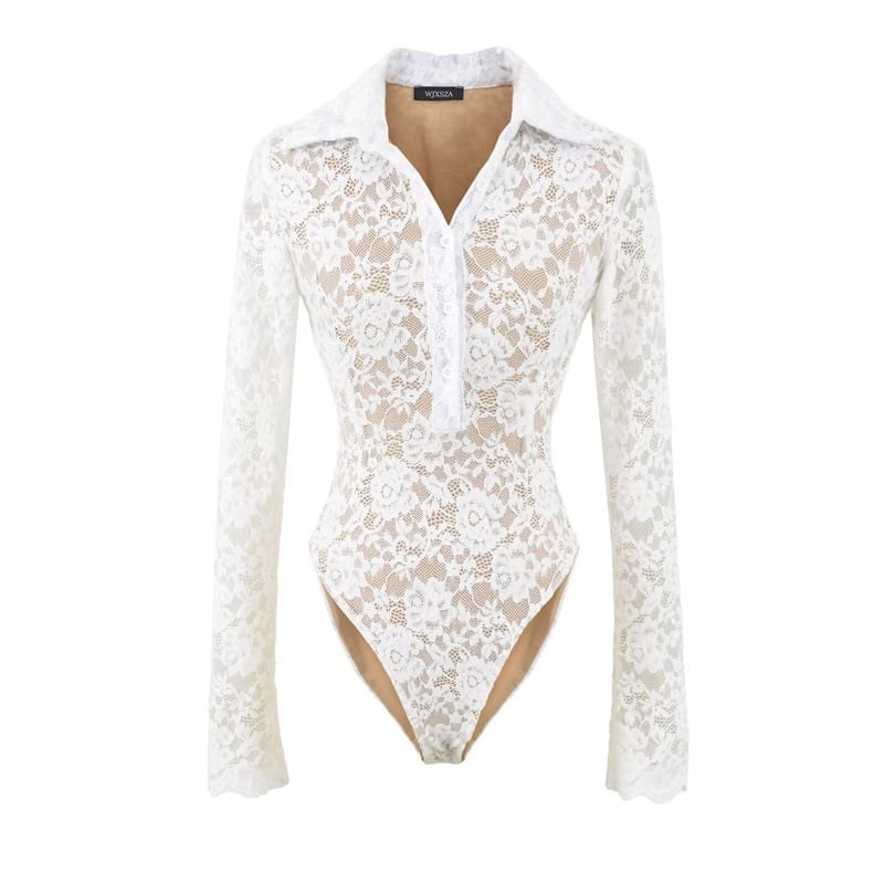 Collared Half-Button Lace Bodysuit with Long Sleeves