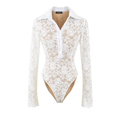 Collared Half-Button Lace Bodysuit with Long Sleeves