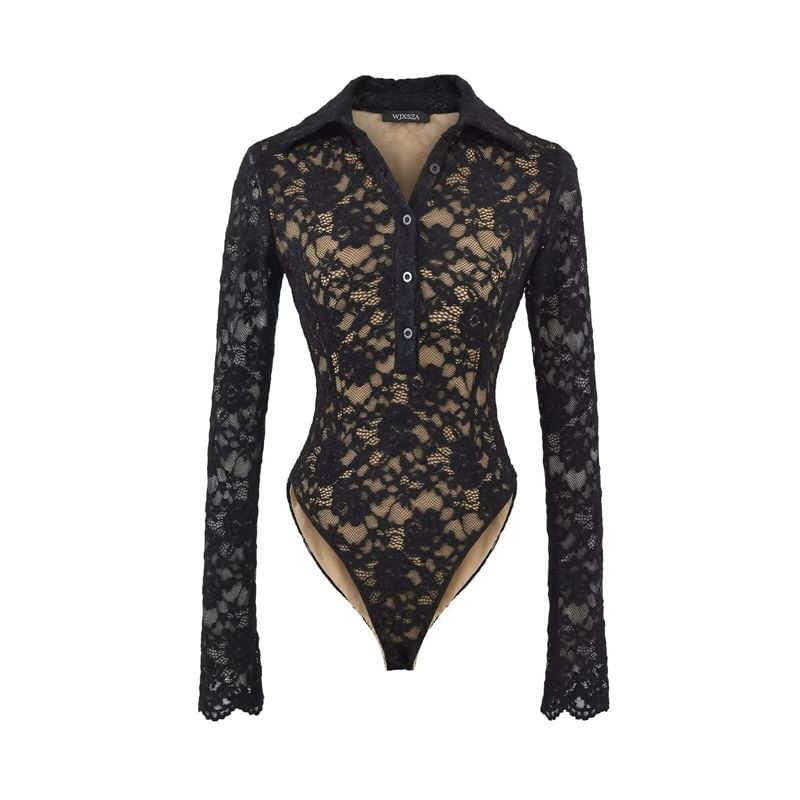 Collared Half-Button Lace Bodysuit with Long Sleeves