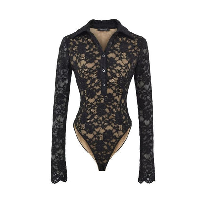 Collared Half-Button Lace Bodysuit with Long Sleeves