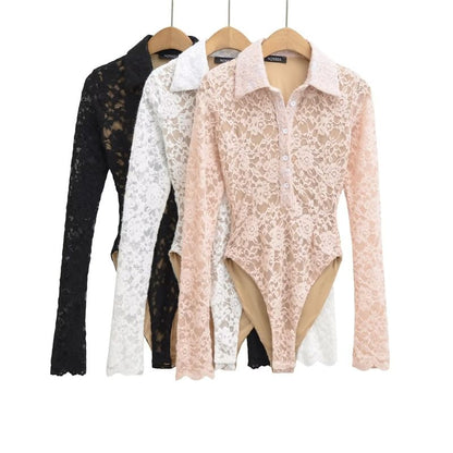 Collared Half-Button Lace Bodysuit with Long Sleeves