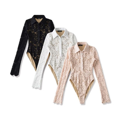 Collared Half-Button Lace Bodysuit with Long Sleeves