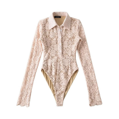 Collared Half-Button Lace Bodysuit with Long Sleeves