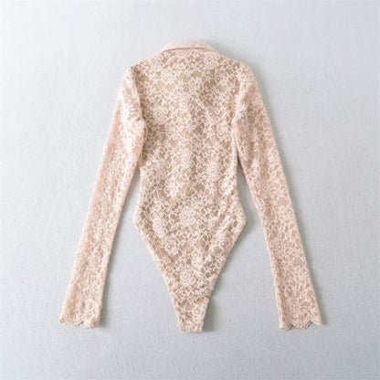 Collared Half-Button Lace Bodysuit with Long Sleeves