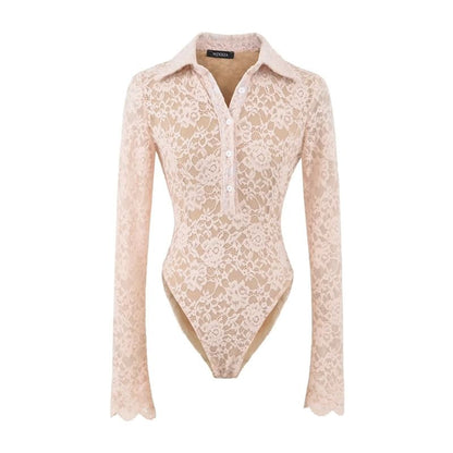 Collared Half-Button Lace Bodysuit with Long Sleeves
