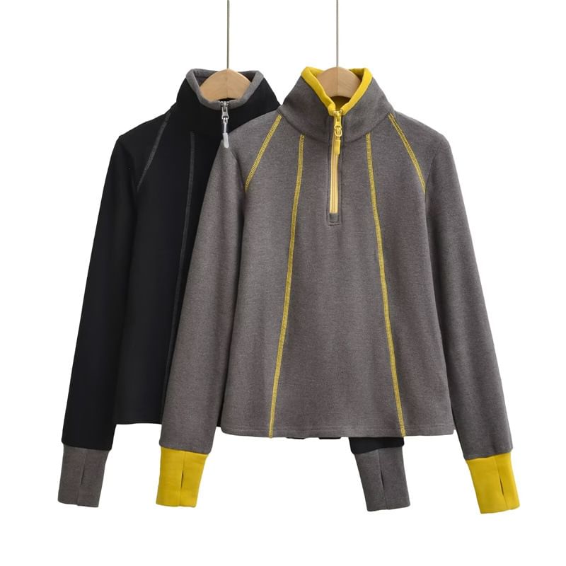 Contrast Trim Half-Zip Stand Collar Sweatshirt