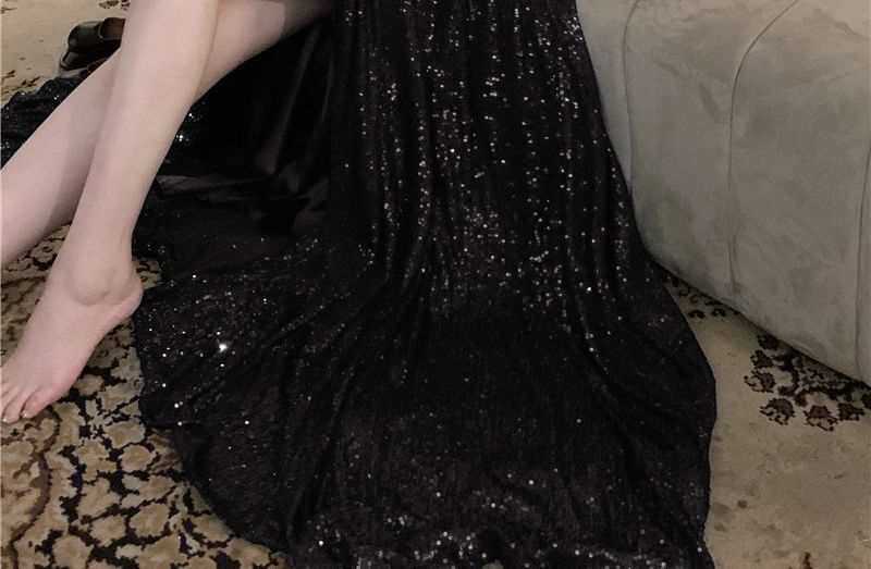 Spaghetti Strap Sequin A-Line Evening Gown