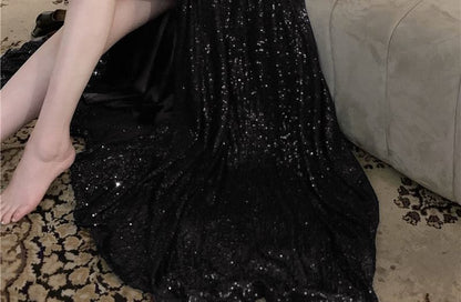Spaghetti Strap Sequin A-Line Evening Gown