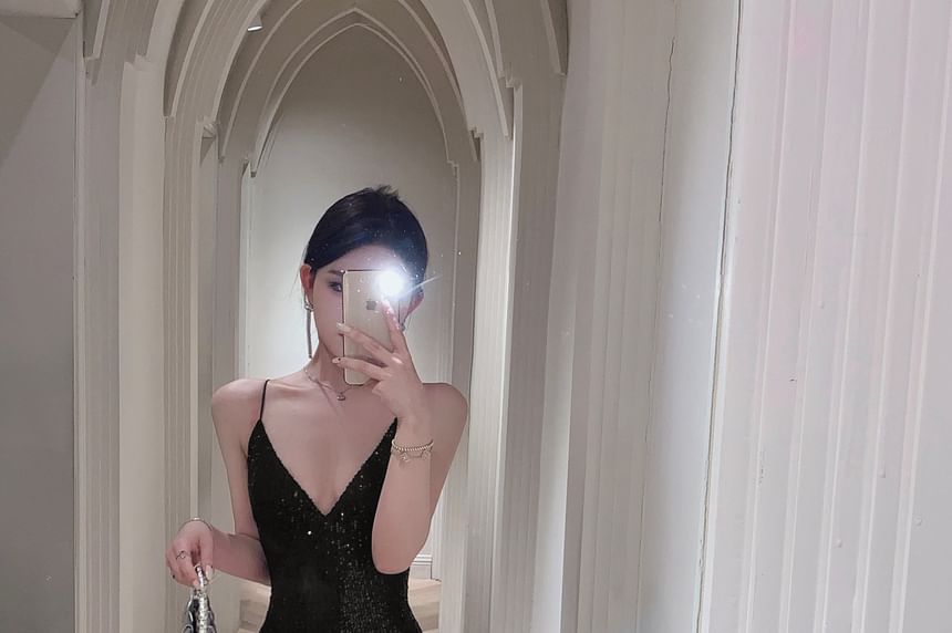 Spaghetti Strap Sequin A-Line Evening Gown