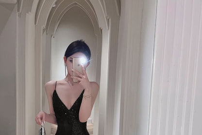 Spaghetti Strap Sequin A-Line Evening Gown