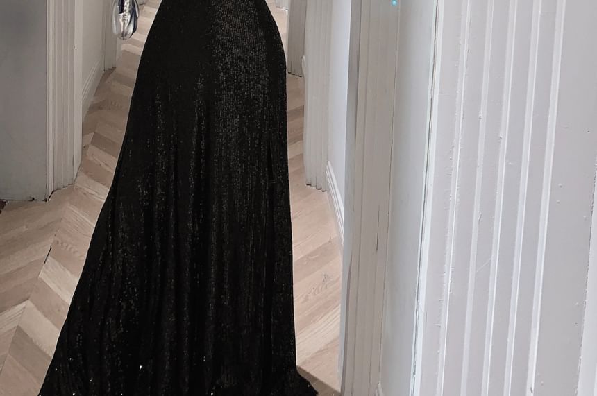 Spaghetti Strap Sequin A-Line Evening Gown