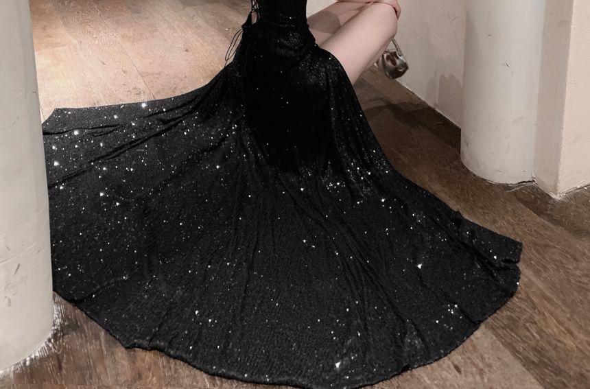 Spaghetti Strap Sequin A-Line Evening Gown