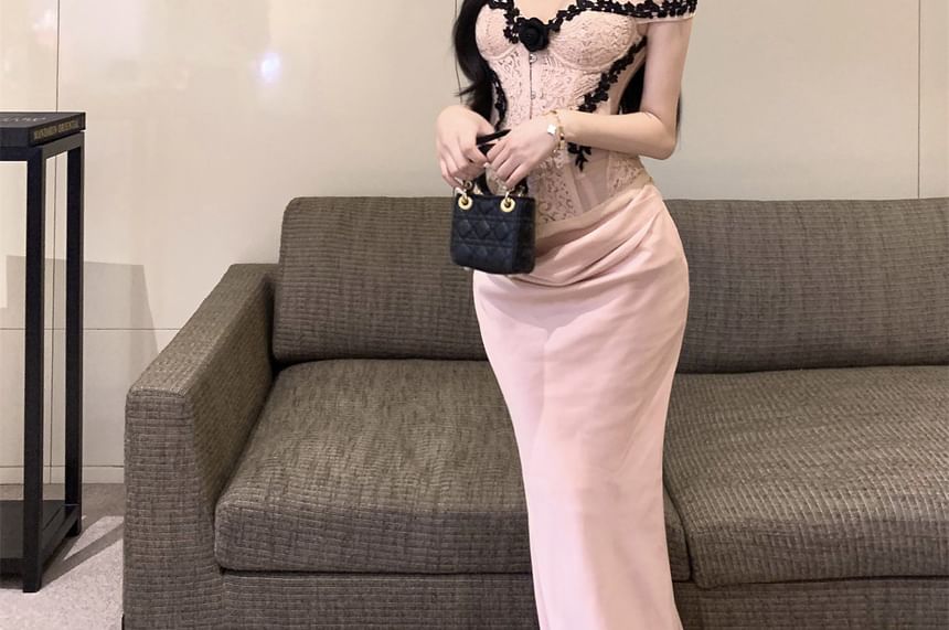 Corset Top with Lace Trim and Maxi Skirt Set