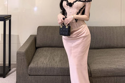 Corset Top with Lace Trim and Maxi Skirt Set