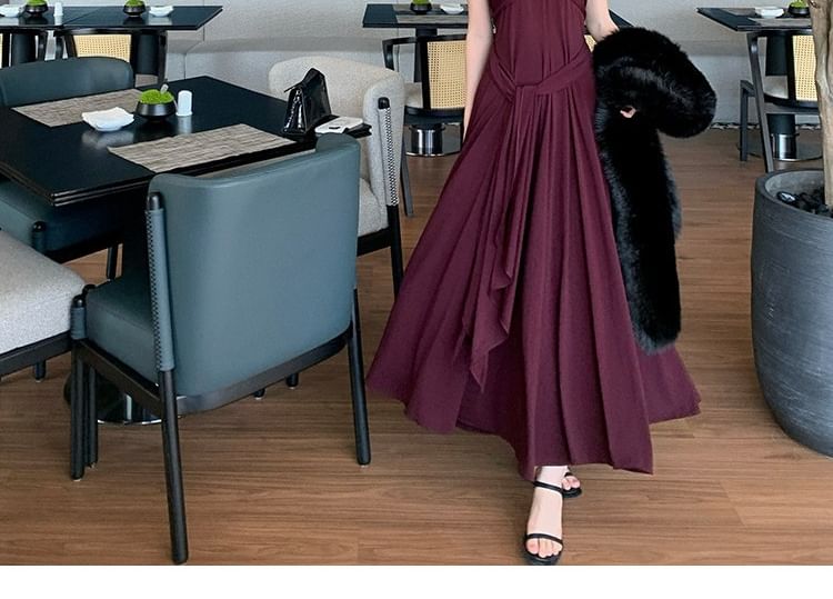 Halter Neck Plain Maxi A-Line Dress