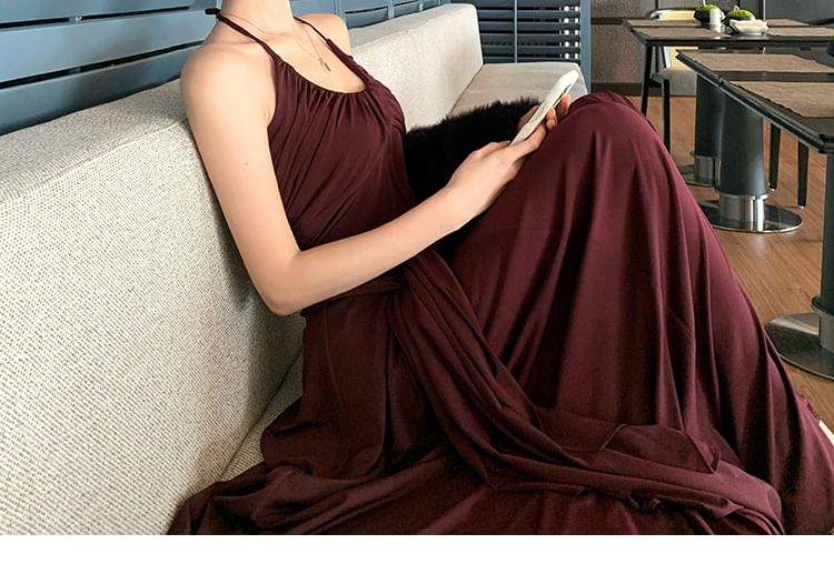 Halter Neck Plain Maxi A-Line Dress