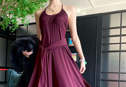Halter Neck Plain Maxi A-Line Dress