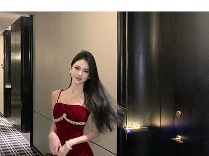 Spaghetti Strap Glitter Asymmetrical A-Line Evening Gown