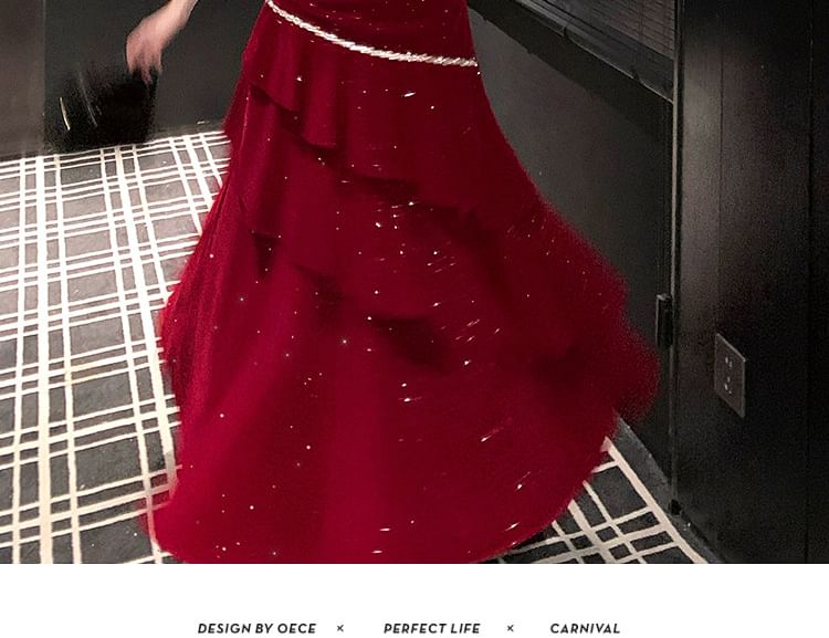 Spaghetti Strap Glitter Asymmetrical A-Line Evening Gown