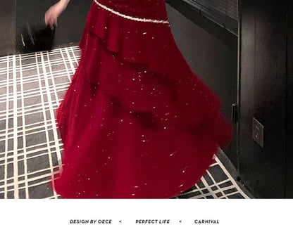 Spaghetti Strap Glitter Asymmetrical A-Line Evening Gown