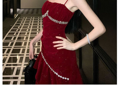 Spaghetti Strap Glitter Asymmetrical A-Line Evening Gown