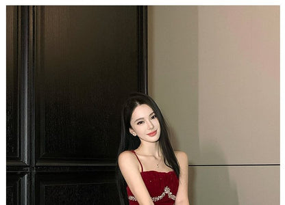 Spaghetti Strap Glitter Asymmetrical A-Line Evening Gown