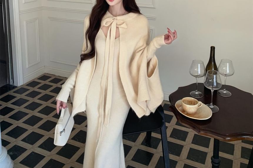 Set: Plain Knit Cape + Long-Sleeve V-Neck Maxi Mermaid Dress