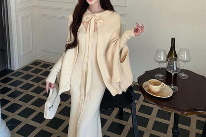 Set: Plain Knit Cape + Long-Sleeve V-Neck Maxi Mermaid Dress