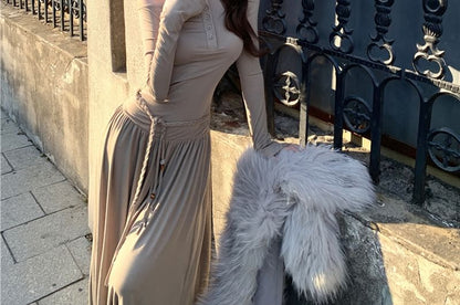 Long-Sleeve Off Shoulder Plain Maxi A-Line Dress