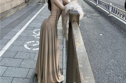 Long-Sleeve Off Shoulder Plain Maxi A-Line Dress