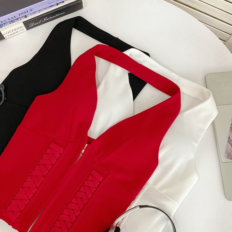 Halter Neck Zip-Up Crop Top with Lace-Up Details