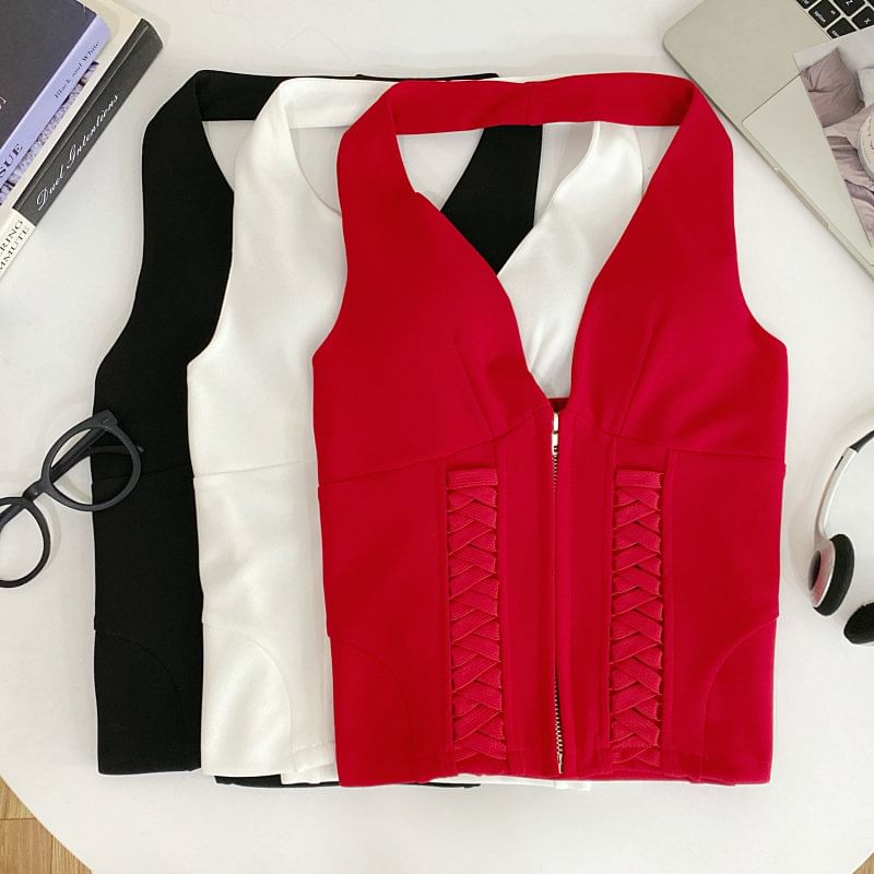 Halter Neck Zip-Up Crop Top with Lace-Up Details