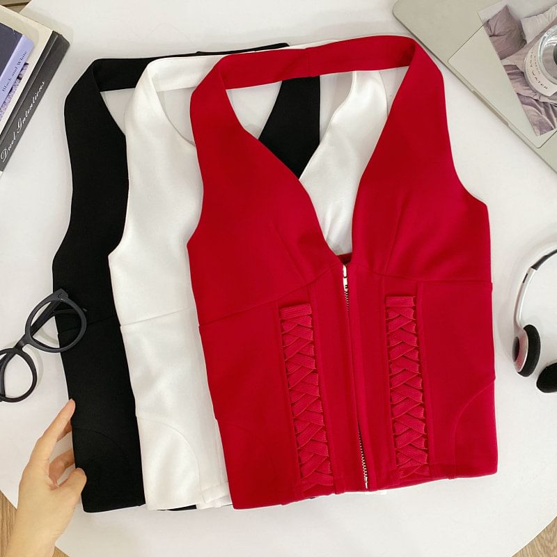 Halter Neck Zip-Up Crop Top with Lace-Up Details