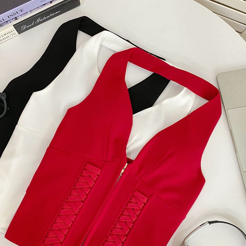 Halter Neck Zip-Up Crop Top with Lace-Up Details