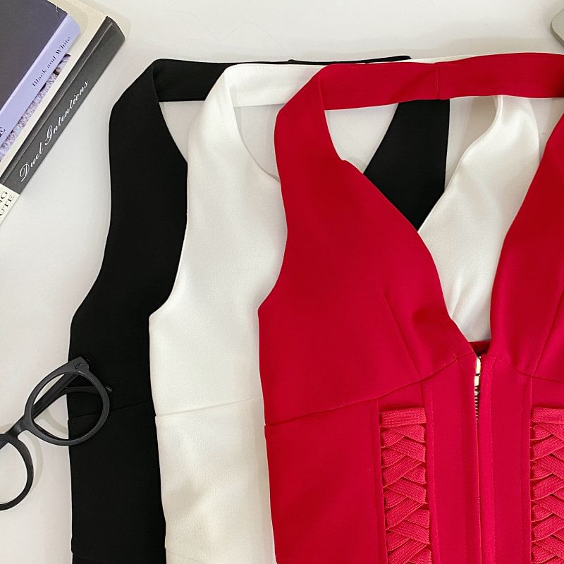 Halter Neck Zip-Up Crop Top with Lace-Up Details