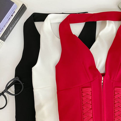 Halter Neck Zip-Up Crop Top with Lace-Up Details